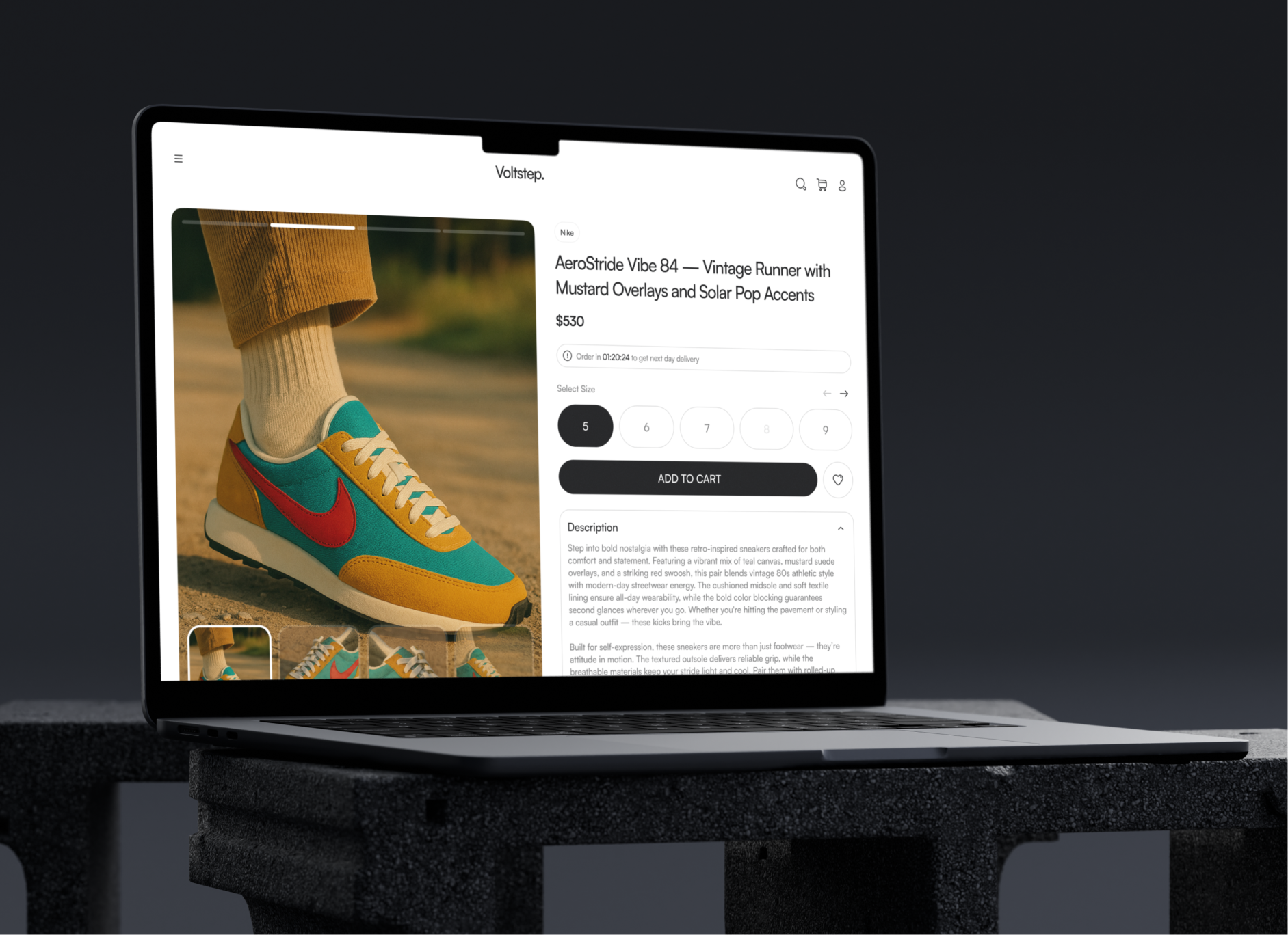A laptop displaying a sneaker product page on an e-commerce website
