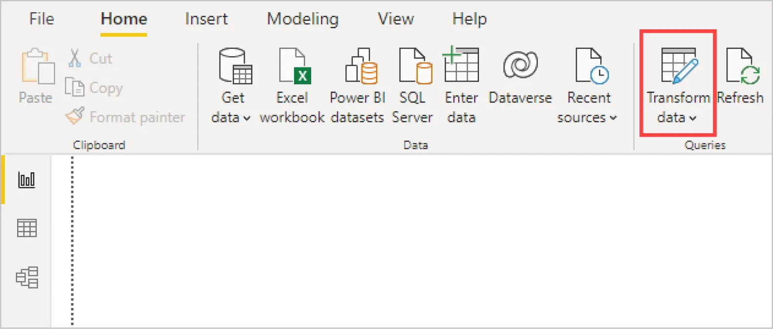 Power BI Desktop Home ribbon showing the “Transform data” button highlighted, which opens the Power Query Editor for data transformation.