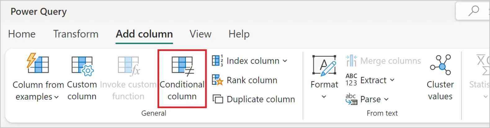 Power BI Query Editor Add Column tab with the Conditional Column option highlighted.