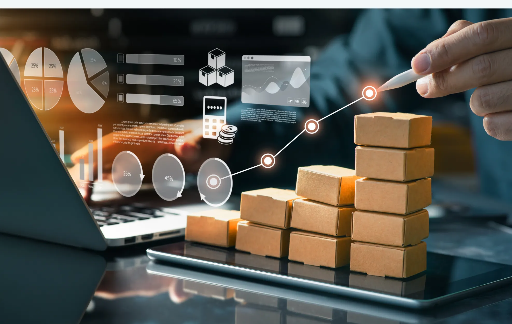 Stacks of shipping boxes with digital charts and a rising line, illustrating e-commerce growth driven by data integration